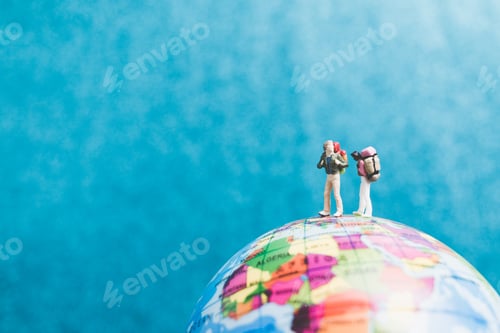 Preview: Miniature Backpacker , Travelers With Backpack Standing On World Map And Walking To Destination