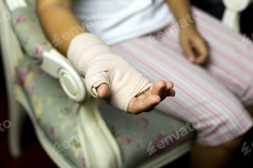 Preview: Pain Concept Woman Sitting On A Chair With Splint Broken Bone On Her Hand