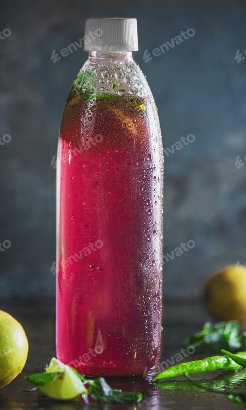 Preview: Red Mocktail Served In Bottle With Its Ingredient