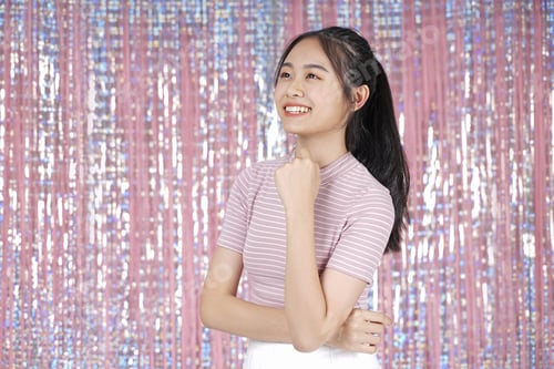 Preview: Asian Young Teenager Pretty Cheerful Beautiful Girl With Present Box, On Pink Sparkling Background