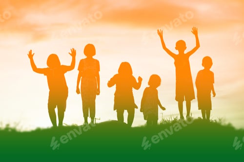 Preview: Silhouette Of A Happy Children And Happy Time Sunset