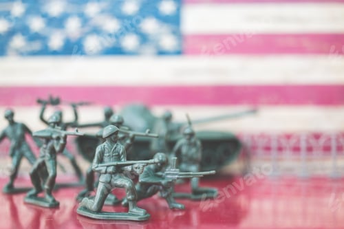 Preview: Miniature Toy Soldiers In Battle Scene With American Flag Background , Memorial Day Concept