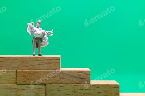 Preview: Miniature People Wedding , Bride And Groom Couple On Green Background , Valentine'S Day Concept