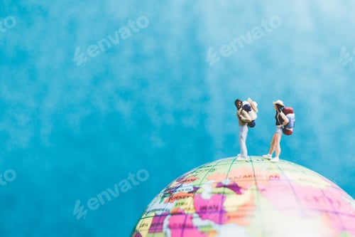 Preview: Miniature Backpacker , Travelers With Backpack Standing On World Map And Walking To Destination
