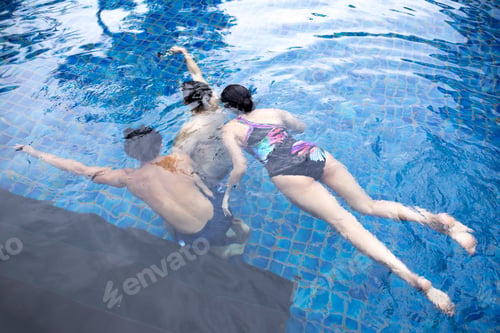 Preview: Group Of Friends Taking Selfie Under The Water In Swimming Pool Resort With Waterproof Cell Phone