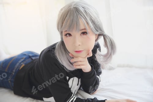 Preview: Asian Young Woman Portrait In Bed Room With White Tone
