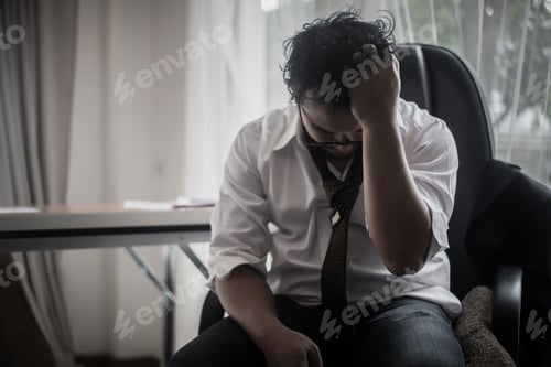 Preview: Worried Business Man At Workplace In Office After Tired From Hard Work. Fail Business Concept.