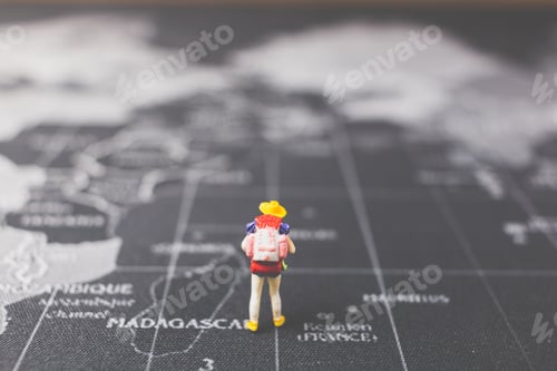 Preview: Miniature People Backpacker Walking On World Map, Tourism And Travel Concept