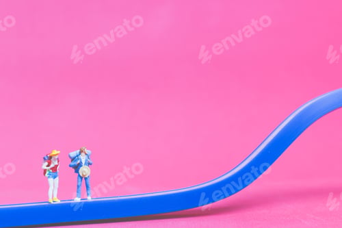 Preview: Miniature People : Couple Of Travellers On The Bridge On Pink Background , Valentine'S Day Concept