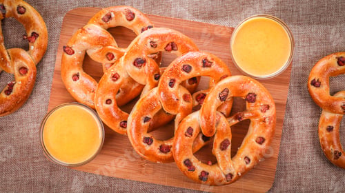 Preview: An Overhead Shot Of Pretzels With Bacon And Cheesy Dip On A Wooden