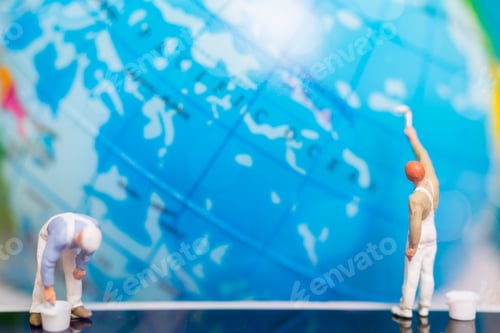 Preview: Miniature People : Painters Painting On The Globe Background , Earth Day Concept