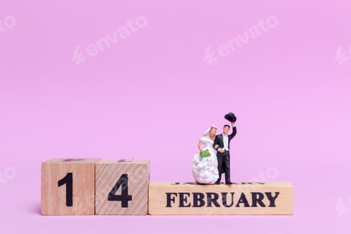 Preview: Miniature People Wedding , Bride And Groom Couple On Pink Background , Valentine'S Day Concept