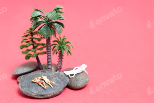 Preview: Miniature People Wearing Swimsuit Relaxing On The Rock With Pink Background , Valentine'S Day