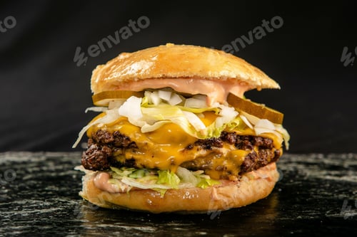 Preview: A Closeup Shot Of A Multi-Layer Hamburger On An Isolated Black Background