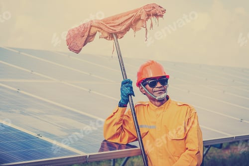 Preview: Labor Working On Cleaning Solar Panel At Solar Power Plant