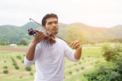 Preview: Young Hipster Musician Man Playing Violin In The Nature Outdoor Lifestyle Behind Mountain.