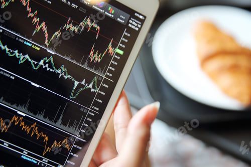Preview: Making Trading Online On The Tablet With Business Woman Hand And Croissant