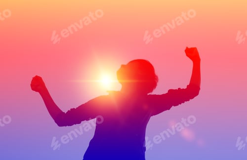 Preview: Young Woman Raise Hands Up For Her Success, Concept Of Success In Life.