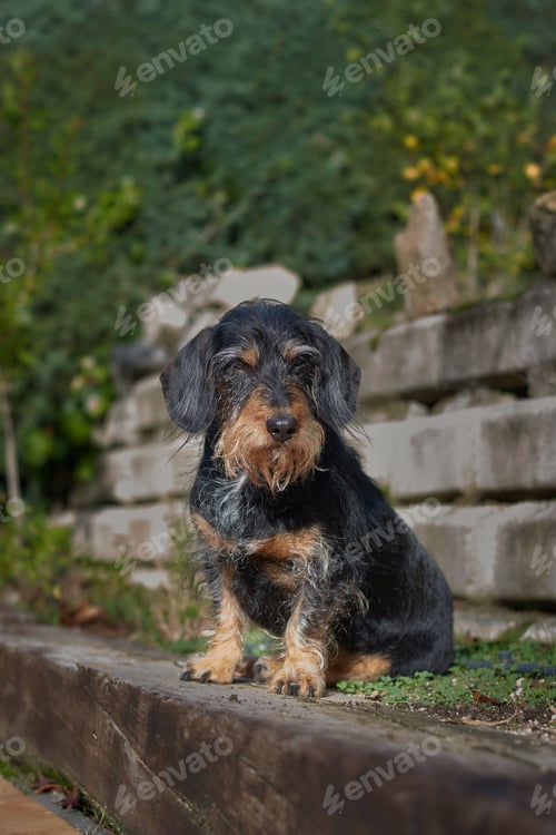 Preview: A Vertical Shot Of A Fluffy Dirty Cute Dog In The Nature, In Front Of A Hill And Stair