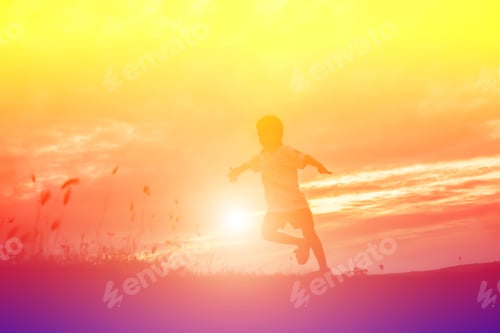 Preview: Kid Silhouette,Moments Of The Child'S Joy. On The Nature Sunset