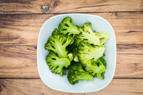 Preview: A Top View Of A Plate Of Green Broccoli On A Wooden Table