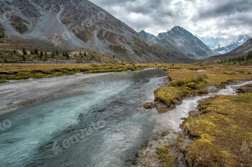 Preview: Akkem Lake At The Foot Of Belukha Mountain In Altai Reflection Of The Mountain In The Water Low