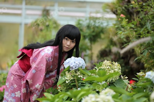 Preview: Girl With Yukata In Japanese Garden With Hydrangea Flower