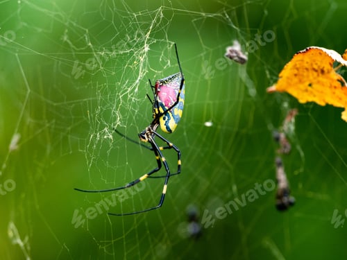 Preview: A Closeup Shot Of A Joro Spider With Pink Back In A Japanese Forest Park
