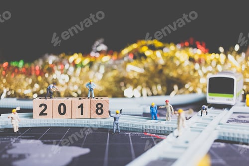 Preview: Miniature People Worker Build Wooden Block Number 2018 On Rail Way