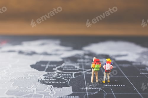 Preview: Miniature People Backpacker Walking On World Map, Tourism And Travel Concept