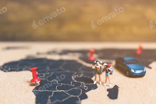 Preview: Miniature People Travelers Walking On World Map , Traveling And Exploring The World Concept