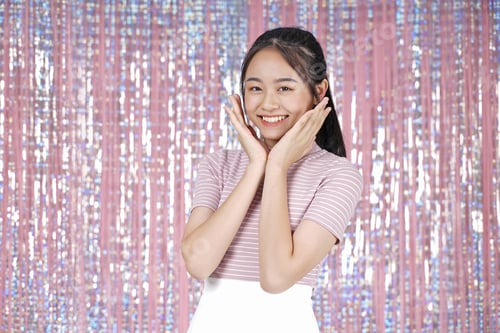 Preview: Asian Young Teenager Pretty Cheerful Beautiful Girl With Present Box, On Pink Sparkling Background