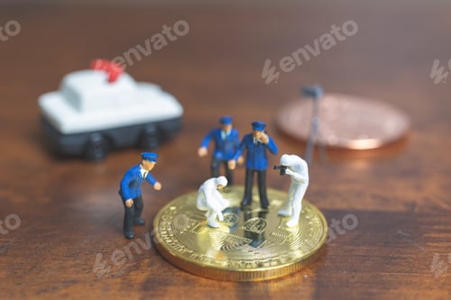 Preview: Miniature People : Police And Detective Standing In Front Of Cryptocurrency Bitcoin , Cyber Crimes