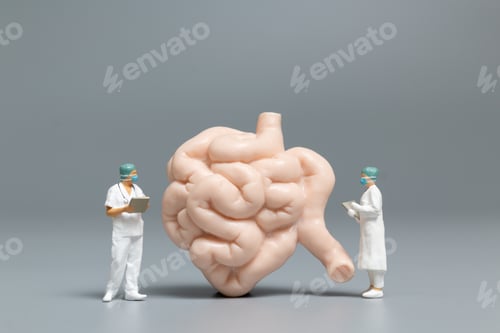 Preview: Miniature People Doctor And Nurse Observing And Discussing About Human Small Intestine, Science And