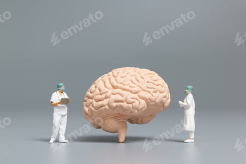 Preview: Miniature People Doctor And Nurse Observing And Discussing About Human Brain, Science And Medical
