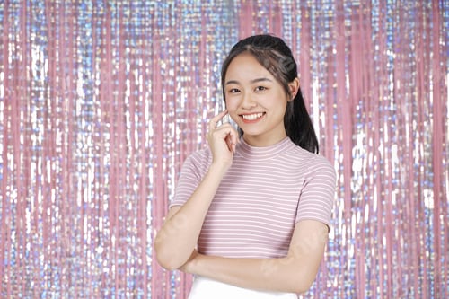 Preview: Asian Young Teenager Pretty Cheerful Beautiful Girl With Present Box, On Pink Sparkling Background