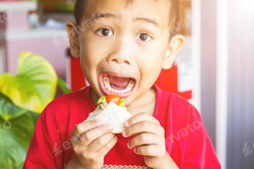 Visualização: Little Caucasian Boy Eating Sandwich, Looking Down