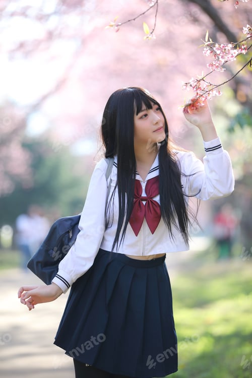 Preview: Japanese School Girl Dress With Sakura Flower Nature Walkway
