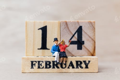 Preview: Miniature People Couple With Wooden Block 14 Feb On Wooden Background, Happy Valentines Day Concept