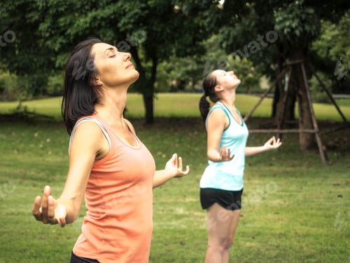 Preview: Couple Woman Doing Yoga Outdoor At Sunrise In Nature, Meditation At Outdoor Green Park.