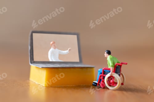 Preview: Miniature People , Male Patient Talk Consult With Doctor Using Video Call On Laptop , Online Doctor