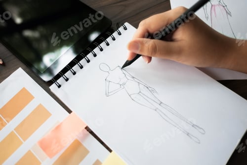 Preview: Fashion / Creative Designer Working With Sketching Notebook At Modern Home Studio, Selective Focus