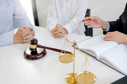 Preview: Justice Lawyer Consulting Give A Advice With Client In Courtroom.