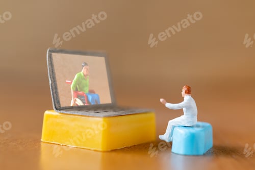 Preview: Miniature People , Male Patient Talk Consult With Doctor Using Video Call On Laptop , Online Doctor