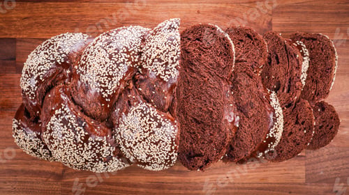 Preview: An Overhead Shot Of Sliced Chocolate Challah On A Wooden Table In A Bakery