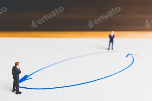 Preview: Miniature Businessman Standing On Arrow Pathway , Business Decision Concept.