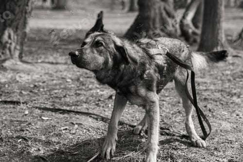 Preview: A Grayscale Shot Of A Mongrel Dog Wandering In The Forest