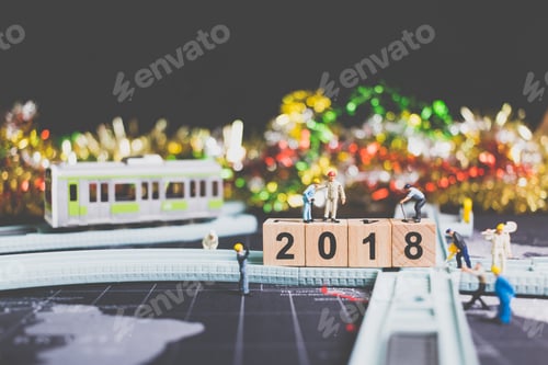 Preview: Miniature People Worker Build Wooden Block Number 2018 On Rail Way