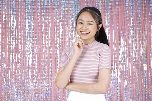 Preview: Asian Young Teenager Pretty Cheerful Beautiful Girl With Present Box, On Pink Sparkling Background