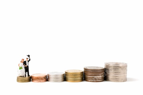 Preview: Miniature People Wedding , Bride And Groom Couple On Stack Coins On White Background.